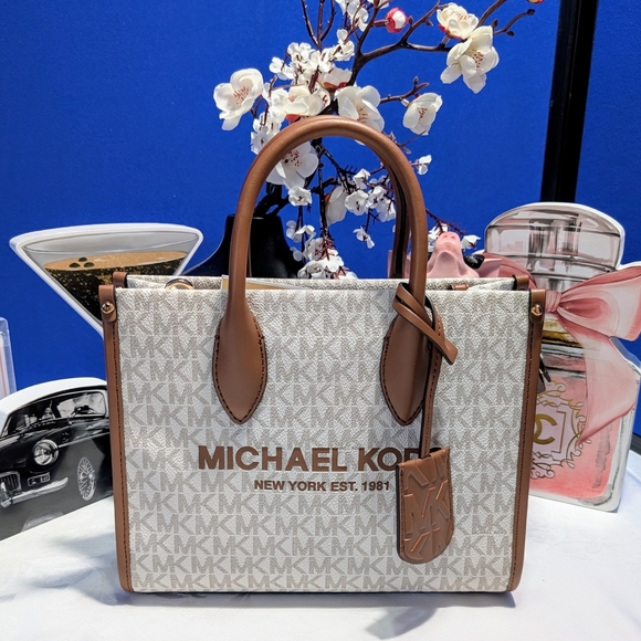 Michael Kors Mirella Small Shopper Tote/ Crossbody Bag White and Tan